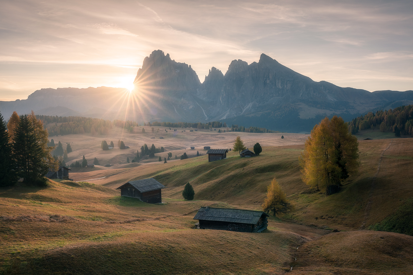 Sunrise over Alpe di Siusi in the Dolomites during a landscape photography tour