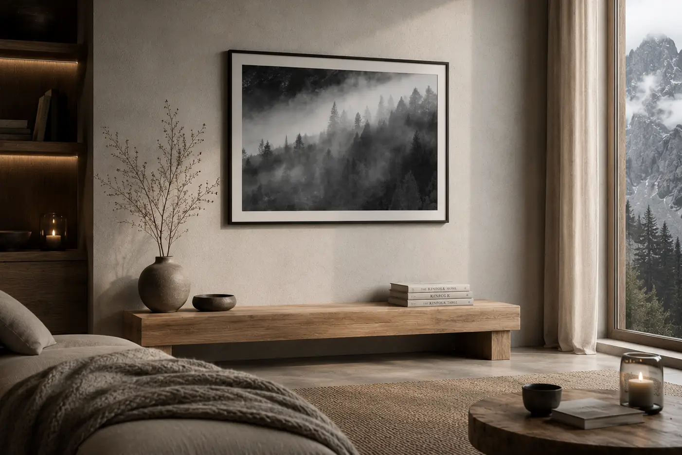 Black & White Fine Art Print – Misty Forest, Dolomitesphotodream Black and white fine art print of misty forests in the Dolomites displayed in a Nordic-inspired interior.