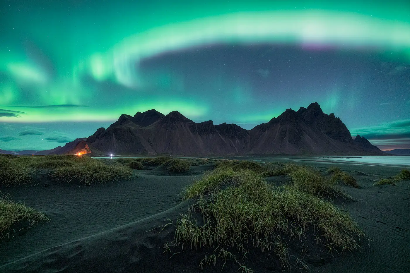 Aurora borealis over Vestrahorn in Iceland photographed during a landscape photography tour