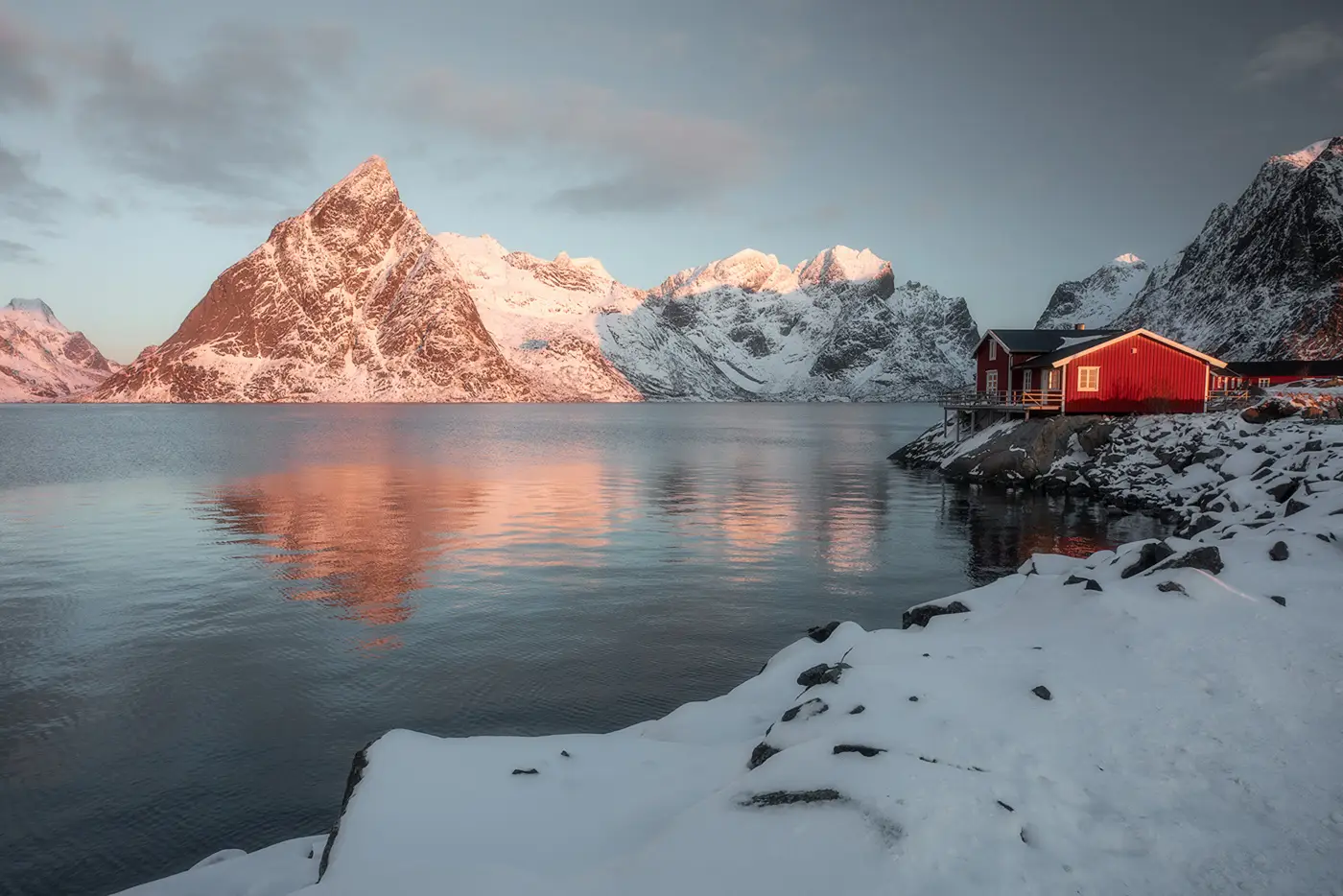 Winter sunrise over Reine in the Lofoten Islands during a landscape photography tour