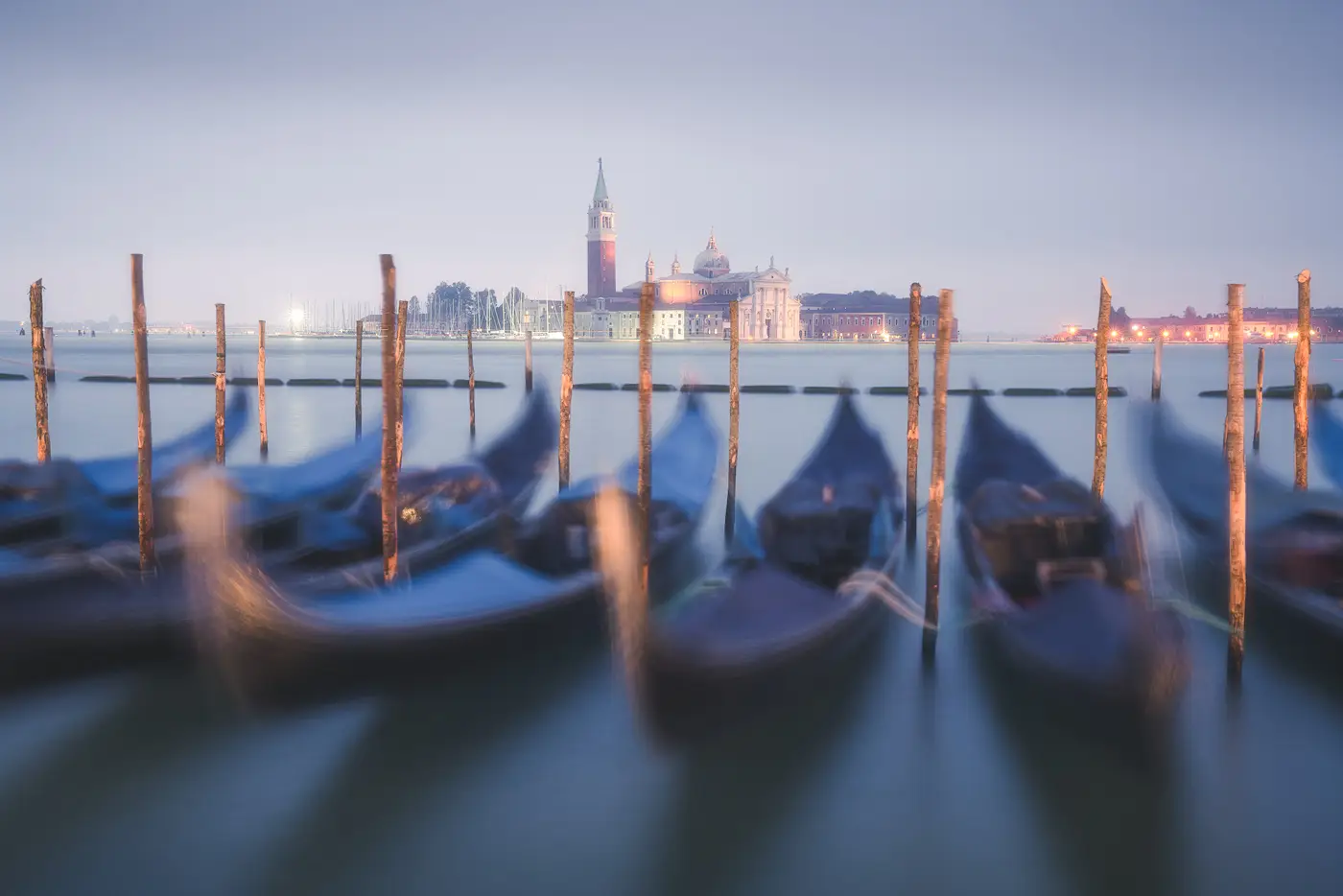 Gondolas and San Giorgio Maggiore at blue hour during a Venice photography tour