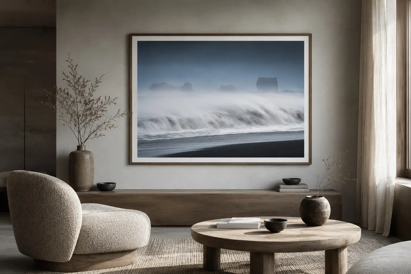 Vík Black Sand Coast, Iceland Black and white fine art photograph of the black sand coast near Vík, Iceland, with dramatic sea stacks and moody Atlantic atmosphere.