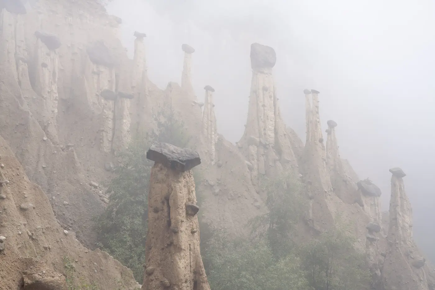 Earth pyramids emerging through dense fog near Renon in South Tyrol, Italy