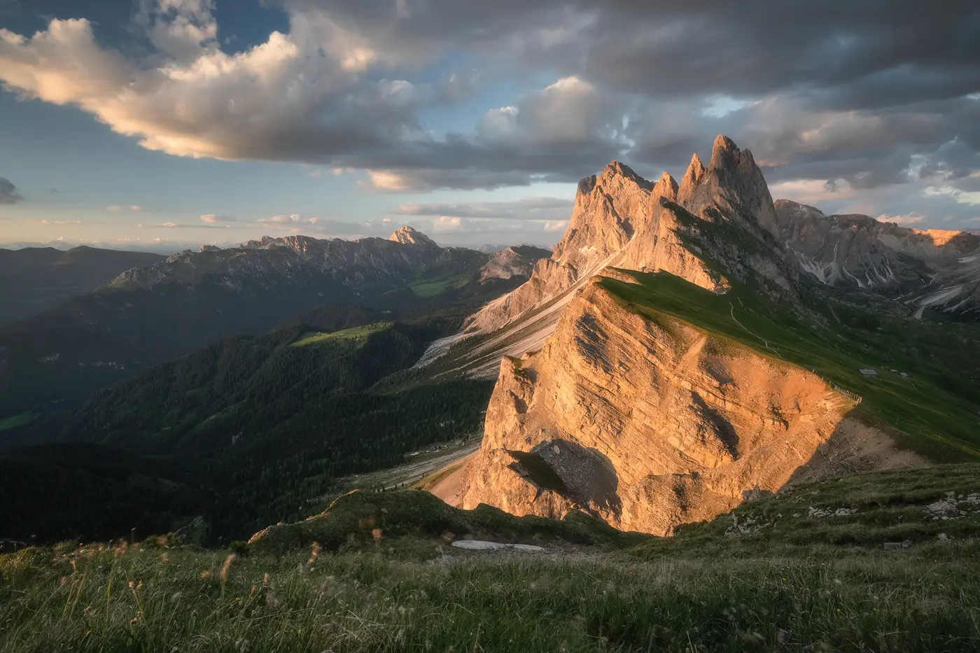 Seceda ridgeline at sunset overlooking Val Gardena in the Dolomites, Italy