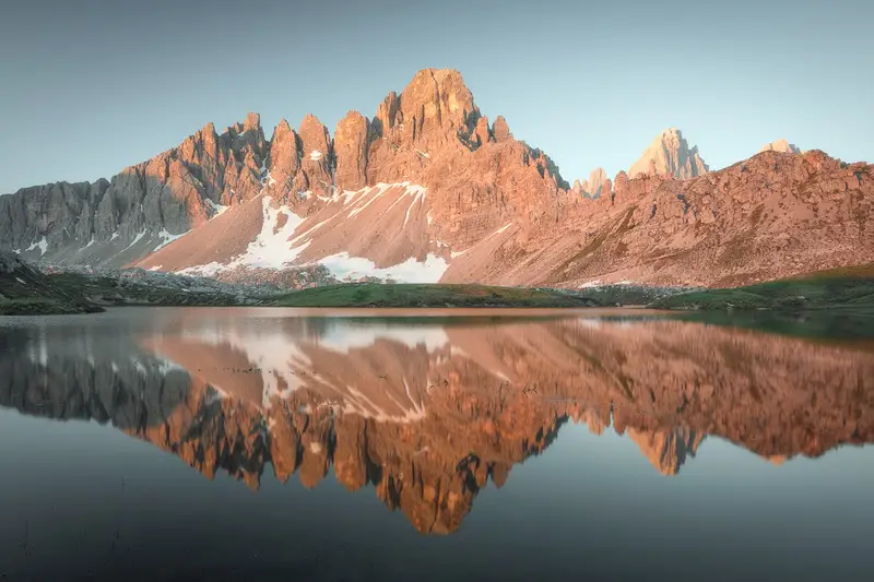 Laghi dei Piani reflecting the mountains at sunrise near Tre Cime di Lavaredo in the Dolomites