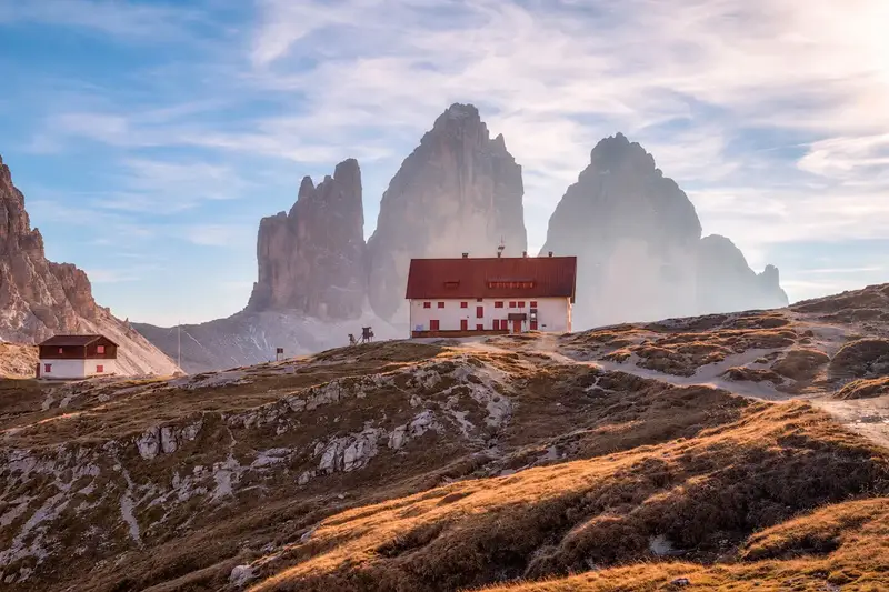 Rifugio Locatelli with Tre Cime di Lavaredo in the background, Dolomites, Italy