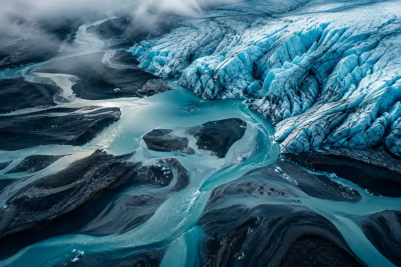 Aerial view of blue glacial ice, winding meltwater rivers and dark volcanic landscapes in Iceland