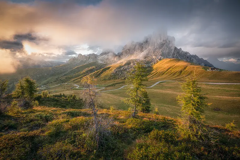 Golden sunset light over alpine meadows and larch trees at Passo Giau, with Ra Gusela mountain partially covered by clouds in the Dolomites.